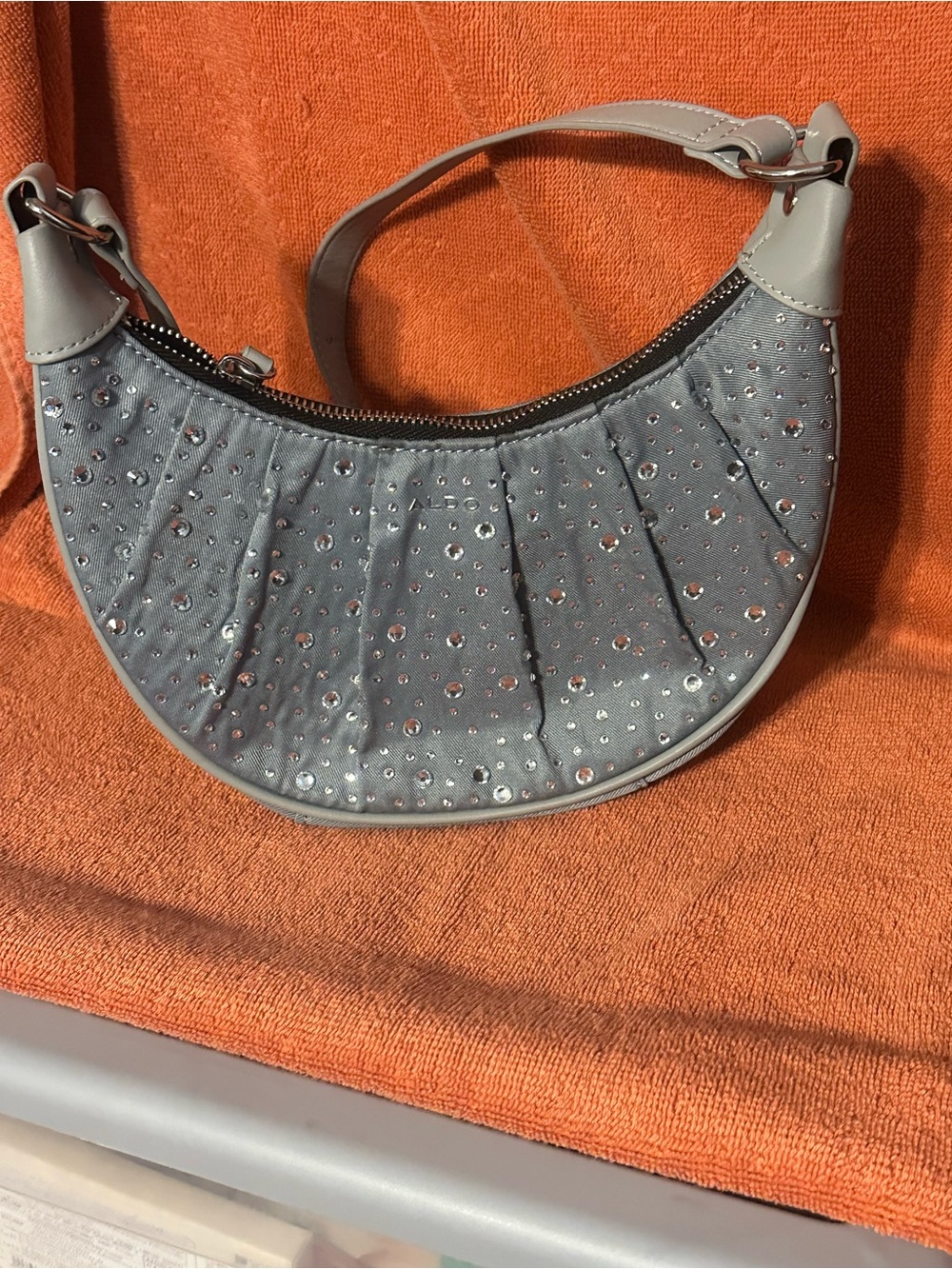Light blue with gray trim Rhinestone Crescent Shoulder Bag